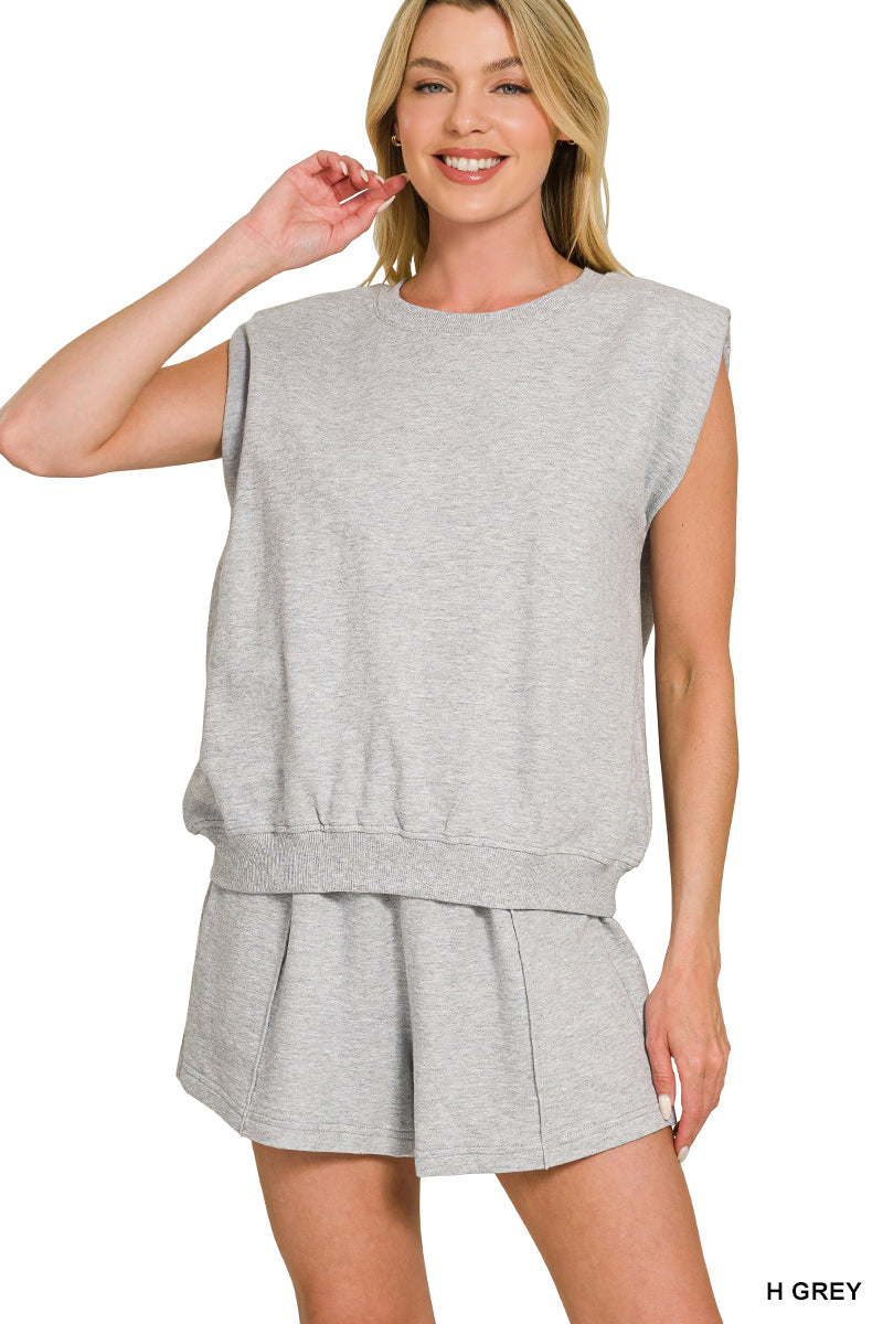 FRENCH TERRY SLEEVELESS TOP WITH SHOULDER PAD & SHORTS SET