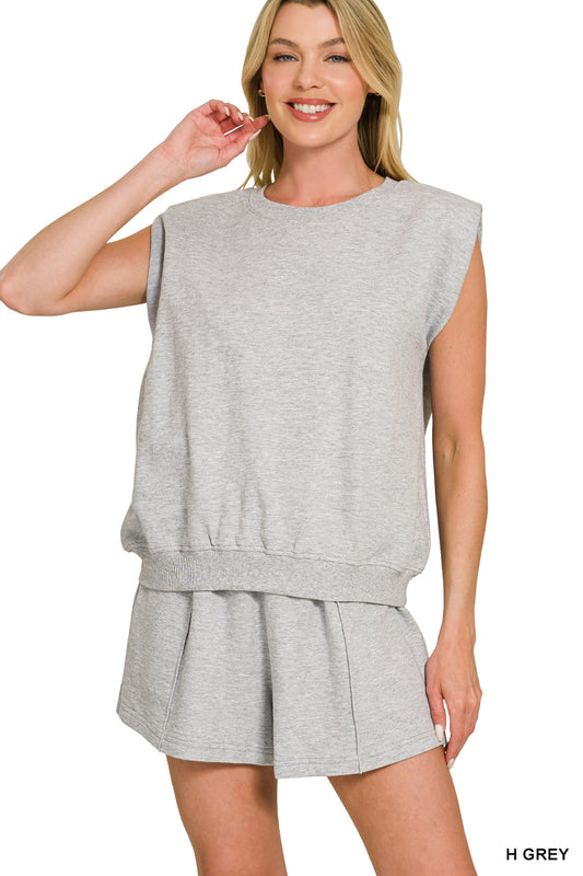 FRENCH TERRY SLEEVELESS TOP WITH SHOULDER PAD & SHORTS SET