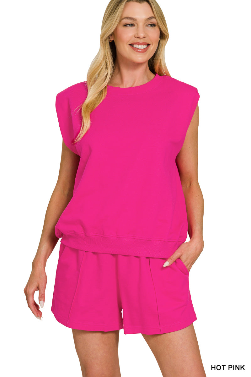 FRENCH TERRY SLEEVELESS TOP WITH SHOULDER PAD & SHORTS SET