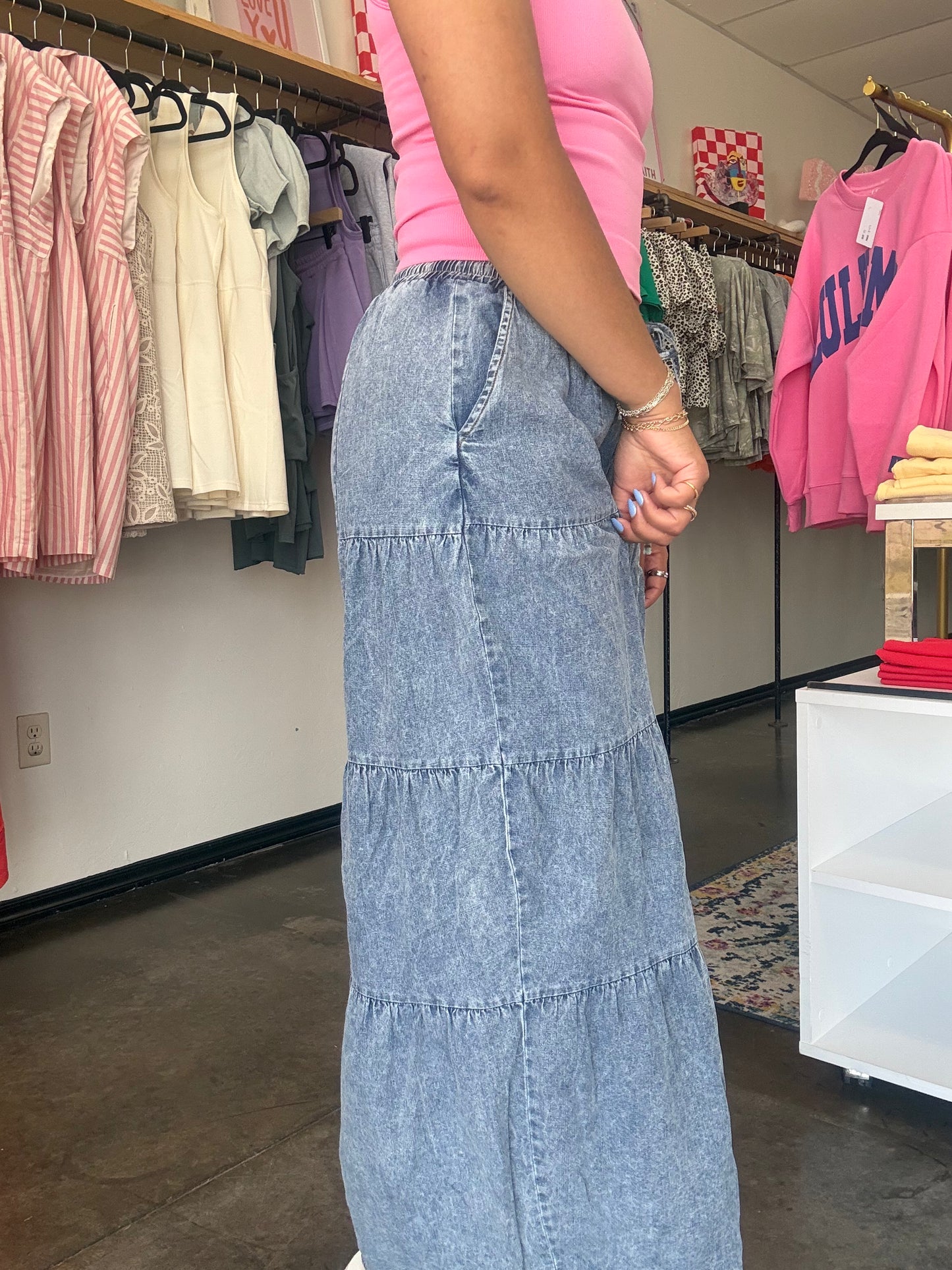 Indigo Wide Leg Tiered Pant