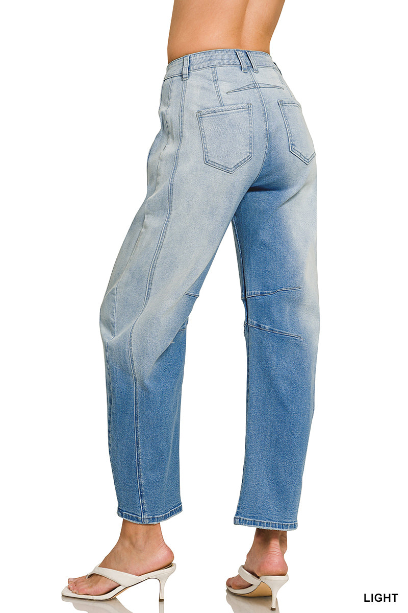 BARREL-LEG CROPPED CENTER SEAM DENIM PANTS