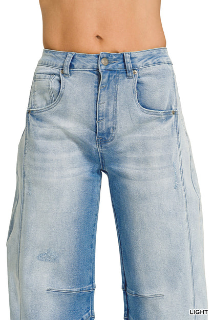 BARREL-LEG CROPPED CENTER SEAM DENIM PANTS