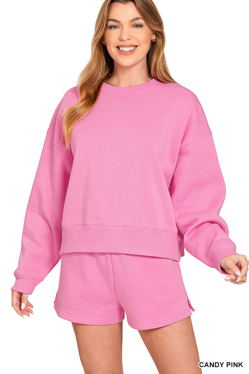 FLEECE ROUND NECK PULLOVER & SHORTS SET