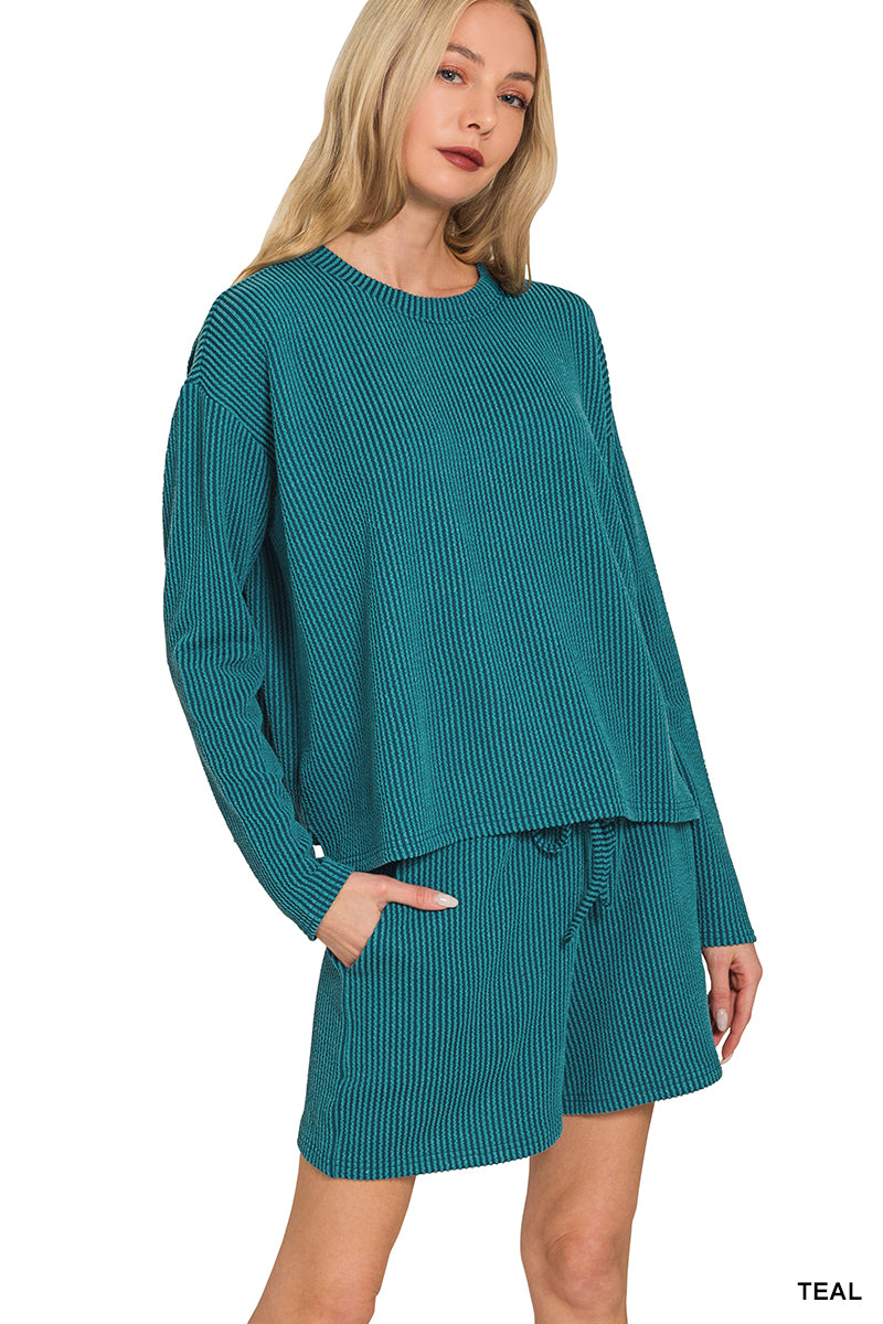 RAISED RIB LONG SLEEVE TEE & SHORTS SET