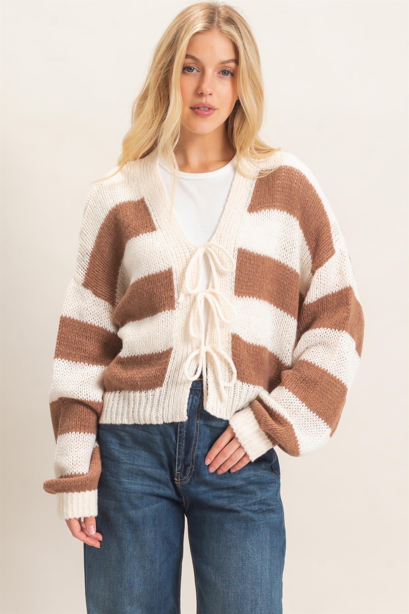 Striped V-Neck Sweater Cardigan