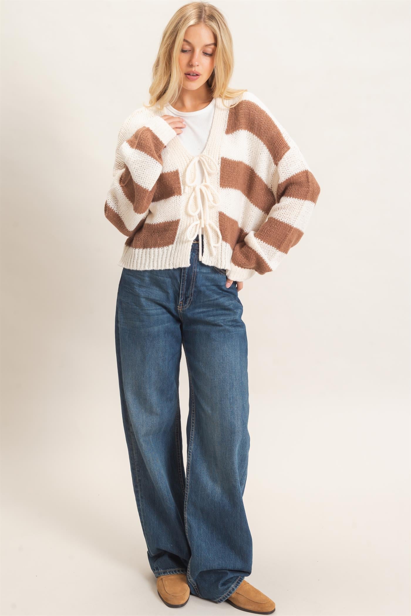 Striped V-Neck Sweater Cardigan