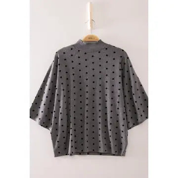 Flocked Polka Dot Mock Neck Dolman Top/ CHARCOAL
