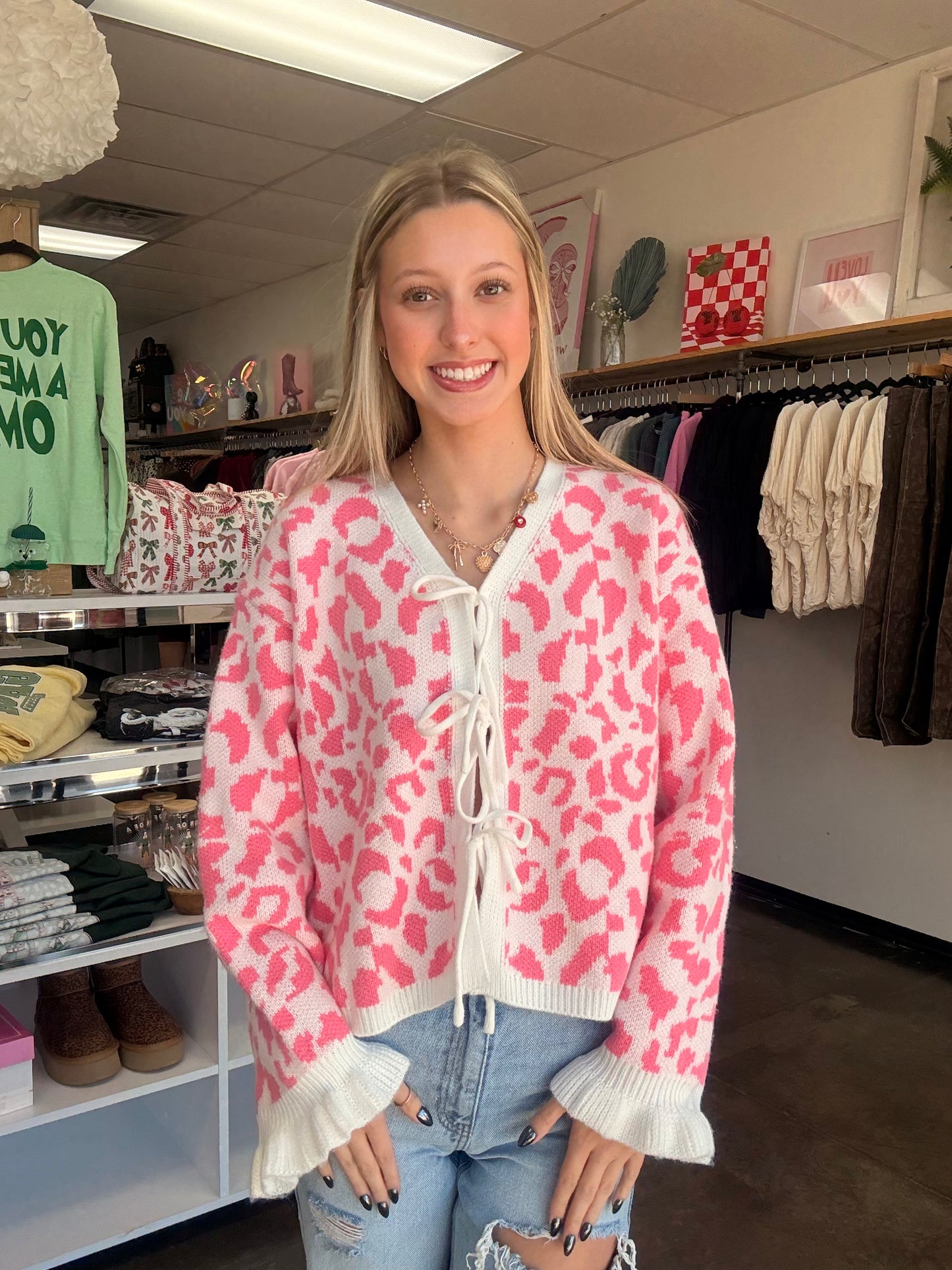 Leopard Tie Cardigan/ PINK