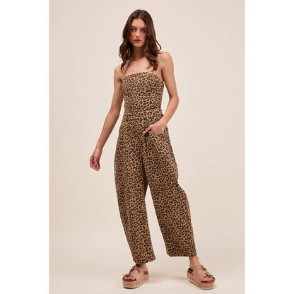 STRAPLESS LEOPARD BARREL TWILL DENIM JUMPSUIT: LEOPARD