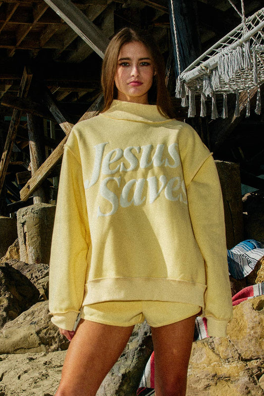 “JESUSSAVES” Print Mock Neck Sweatshirt: Yellow