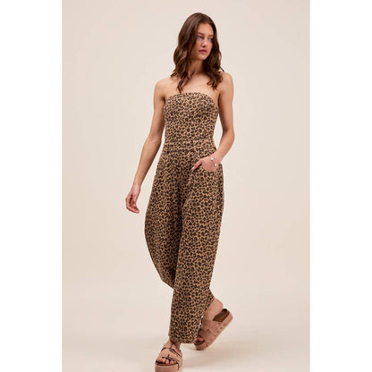 STRAPLESS LEOPARD BARREL TWILL DENIM JUMPSUIT: LEOPARD