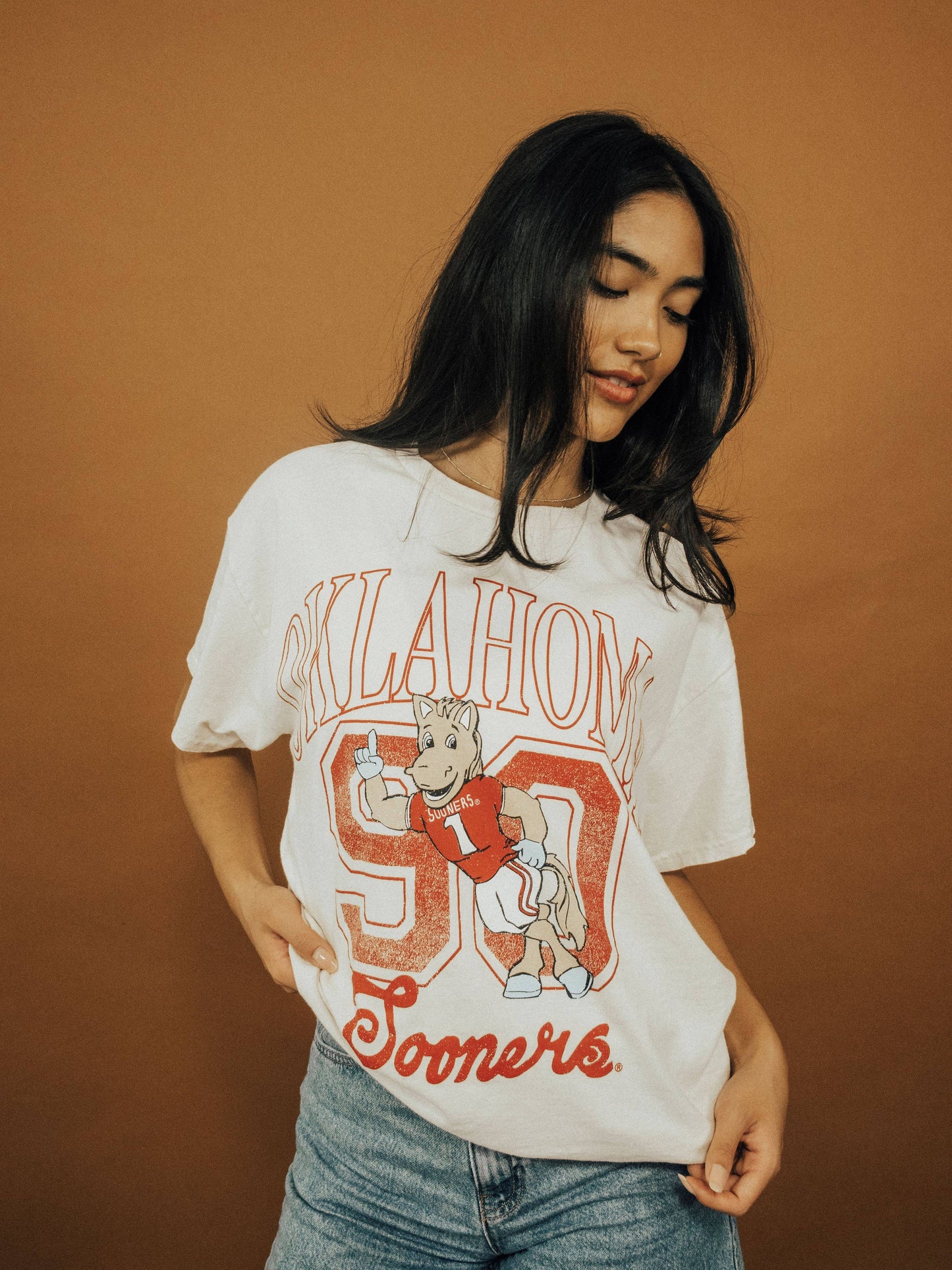 OU Oklahoma Sooners Club Mascot Off White Thrifted Tee