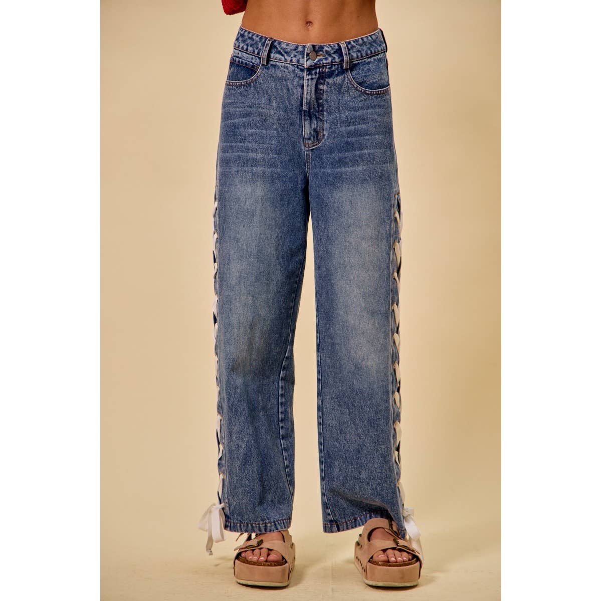 MID RISE STRAIGHT LEG DENIM SIDE LACE UP JEANS: DENIM