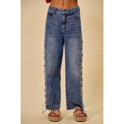 MID RISE STRAIGHT LEG DENIM SIDE LACE UP JEANS: DENIM