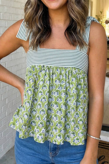 LAS Floral Printed Knot Straps Babydoll Tank Top (S-XL): Green / Missy