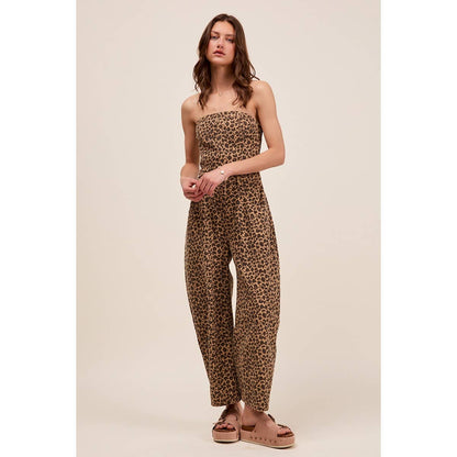 STRAPLESS LEOPARD BARREL TWILL DENIM JUMPSUIT: LEOPARD