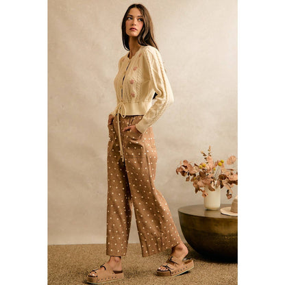 POLKA DOT ELASTICIZED WAIST WIDE PANTS: CAMEL/IVORY