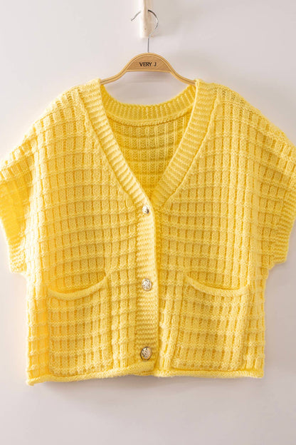 Waffle Texture Crop Cardigan: LT YELLOW