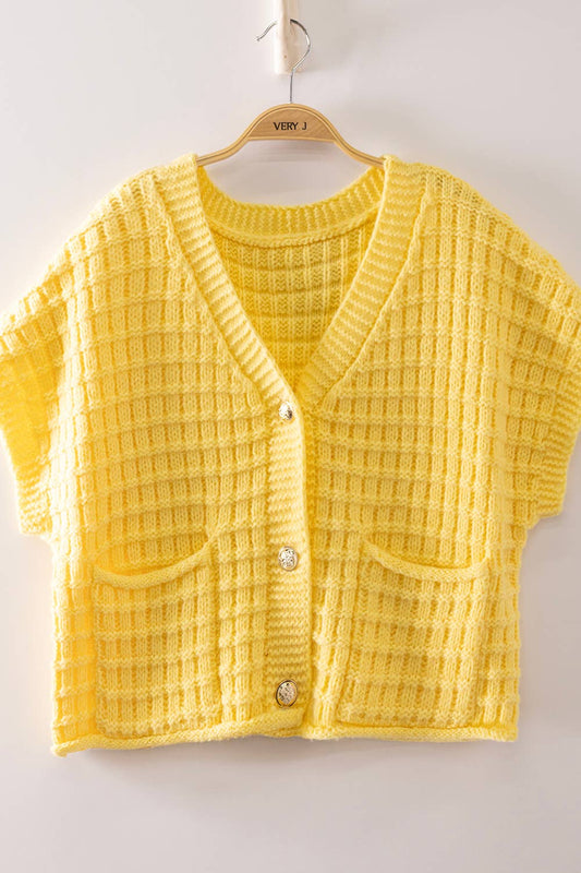 Waffle Texture Crop Cardigan: LT YELLOW