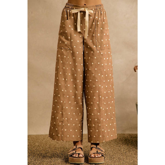 POLKA DOT ELASTICIZED WAIST WIDE PANTS: CAMEL/IVORY